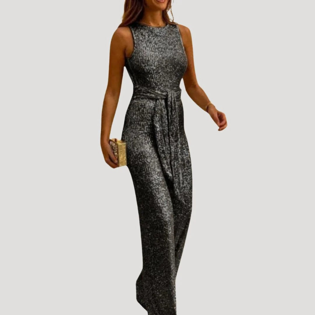 Dam paljett byxdress ärmlös jumpsuit med bälte