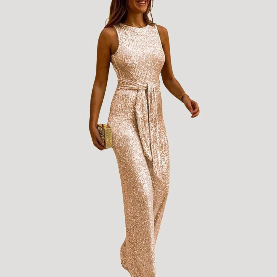 Dam paljett byxdress ärmlös jumpsuit med bälte