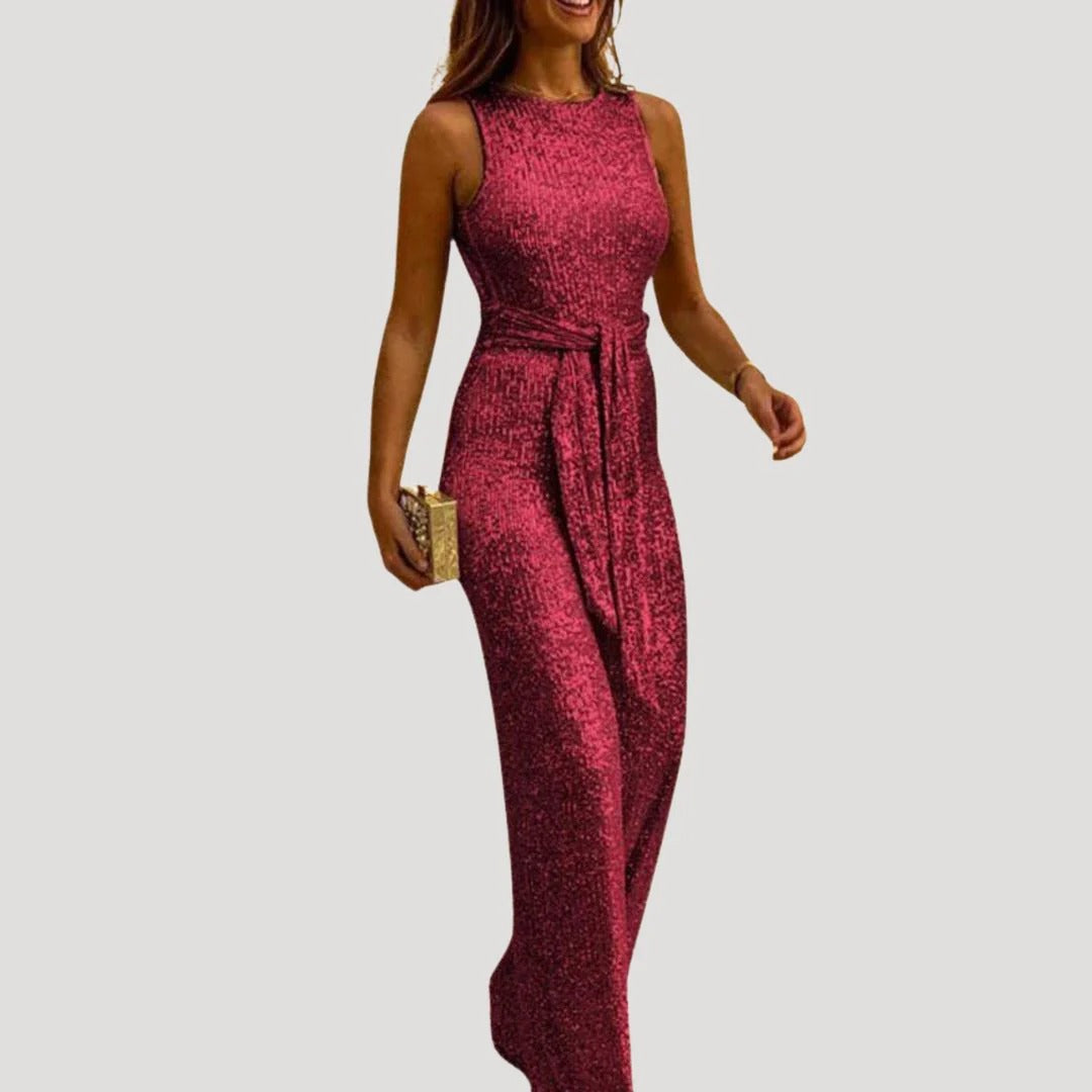 Dam paljett byxdress ärmlös jumpsuit med bälte