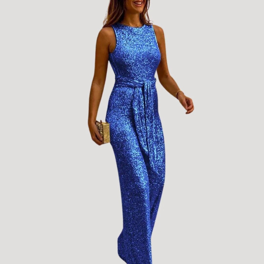 Dam paljett byxdress ärmlös jumpsuit med bälte