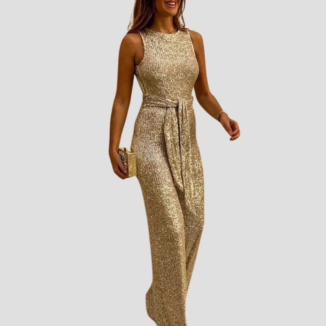 Dam paljett byxdress ärmlös jumpsuit med bälte