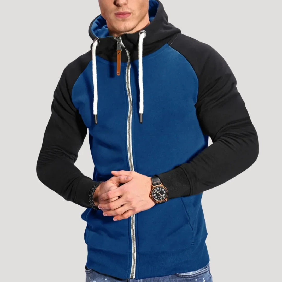 Herr hoodie med dragkedja och kontrastärmar