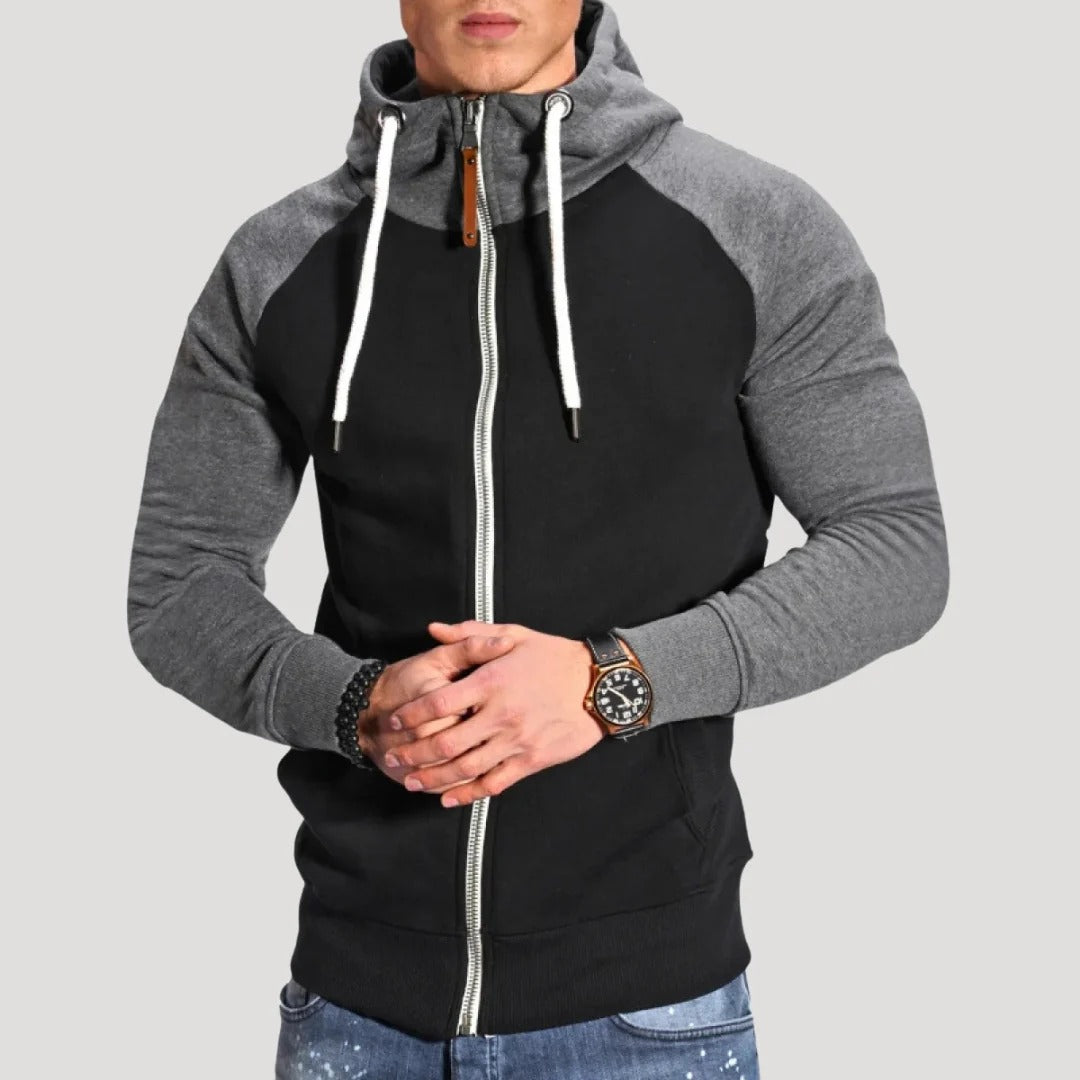 Herr hoodie med dragkedja och kontrastärmar