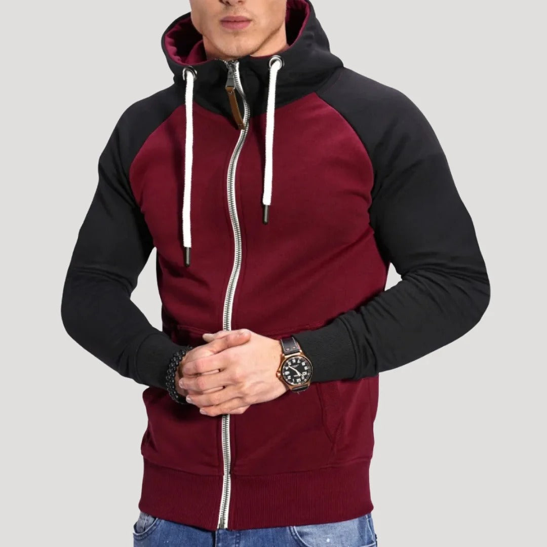 Herr hoodie med dragkedja och kontrastärmar