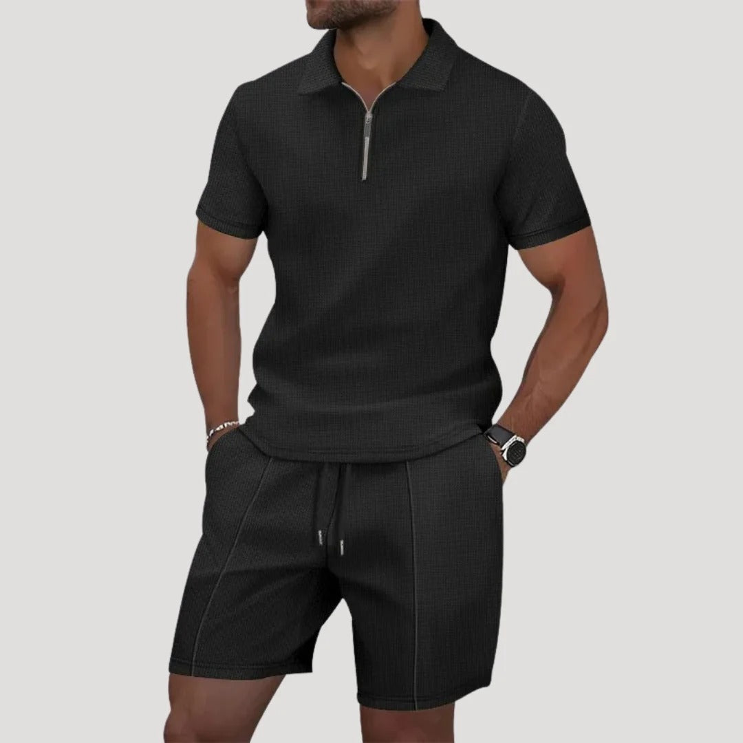 Herr frotteset med pikétröja och shorts