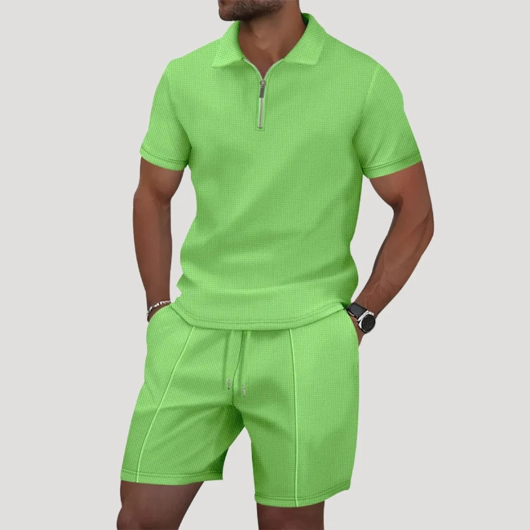 Herr frotteset med pikétröja och shorts