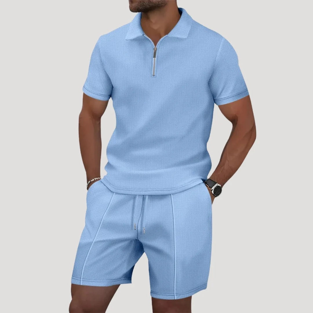 Herr frotteset med pikétröja och shorts