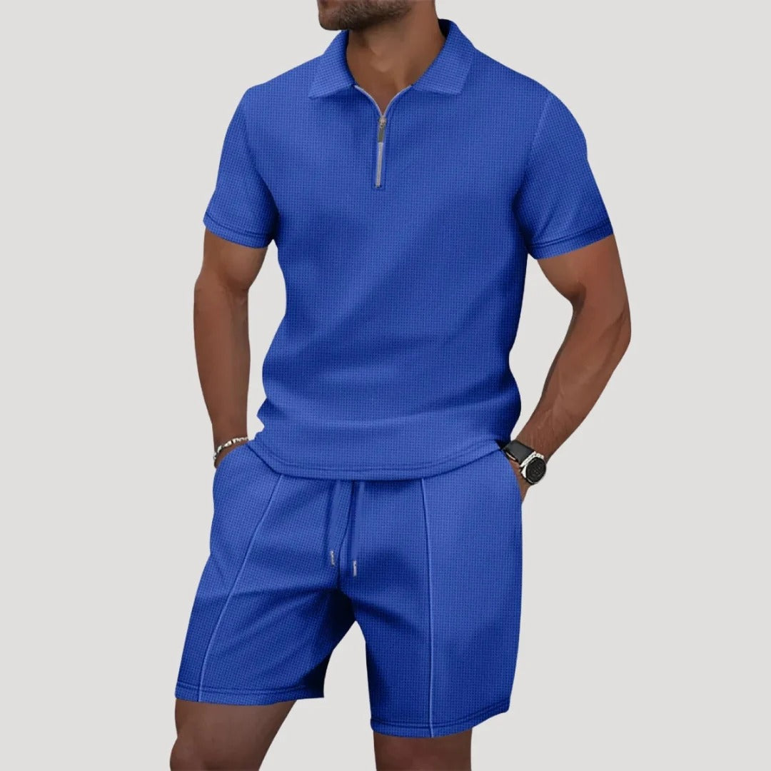 Herr frotteset med pikétröja och shorts