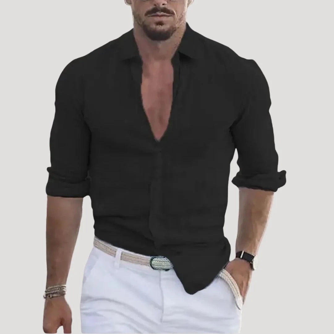 Herr slim fit långärmad linneskjorta med knäppning