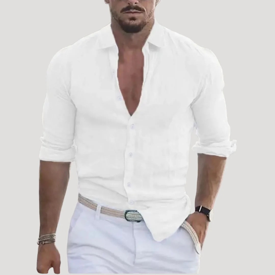 Herr slim fit långärmad linneskjorta med knäppning