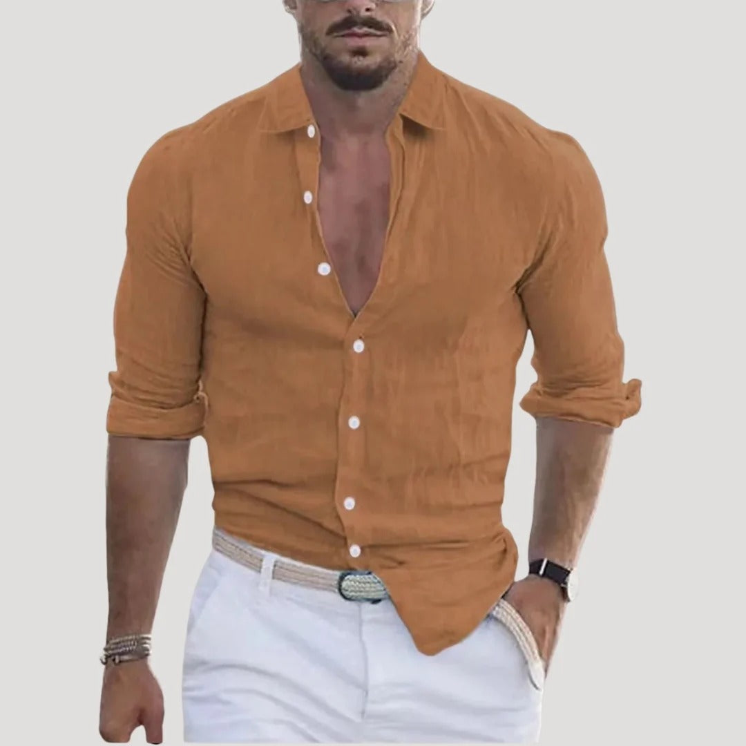 Herr slim fit långärmad linneskjorta med knäppning