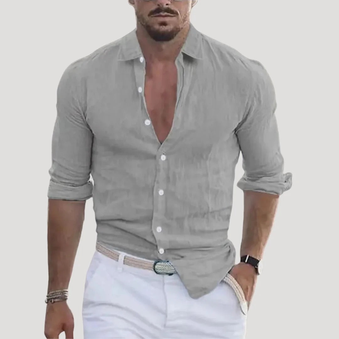 Herr slim fit långärmad linneskjorta med knäppning