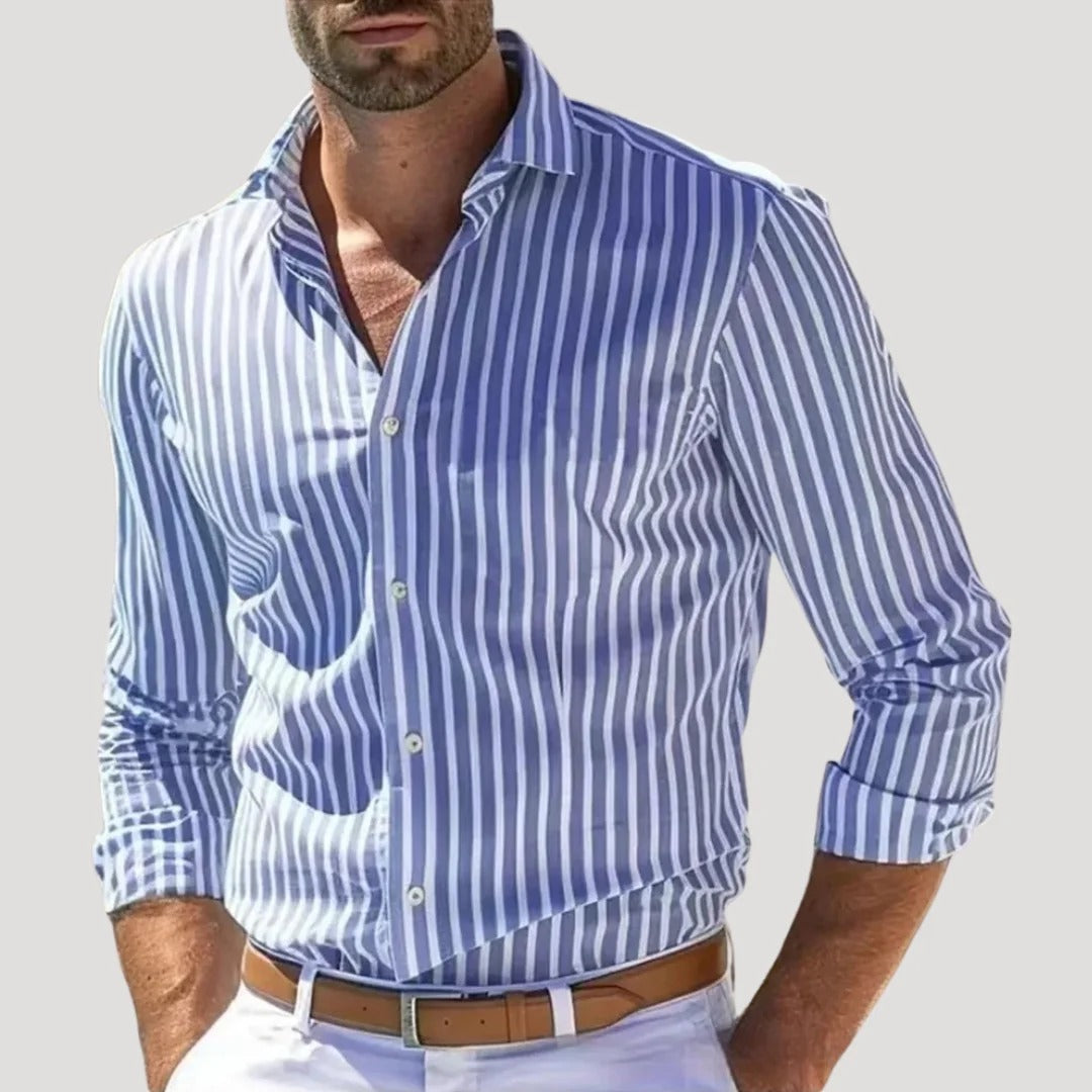 Herr randig slim fit linneskjorta långärmad