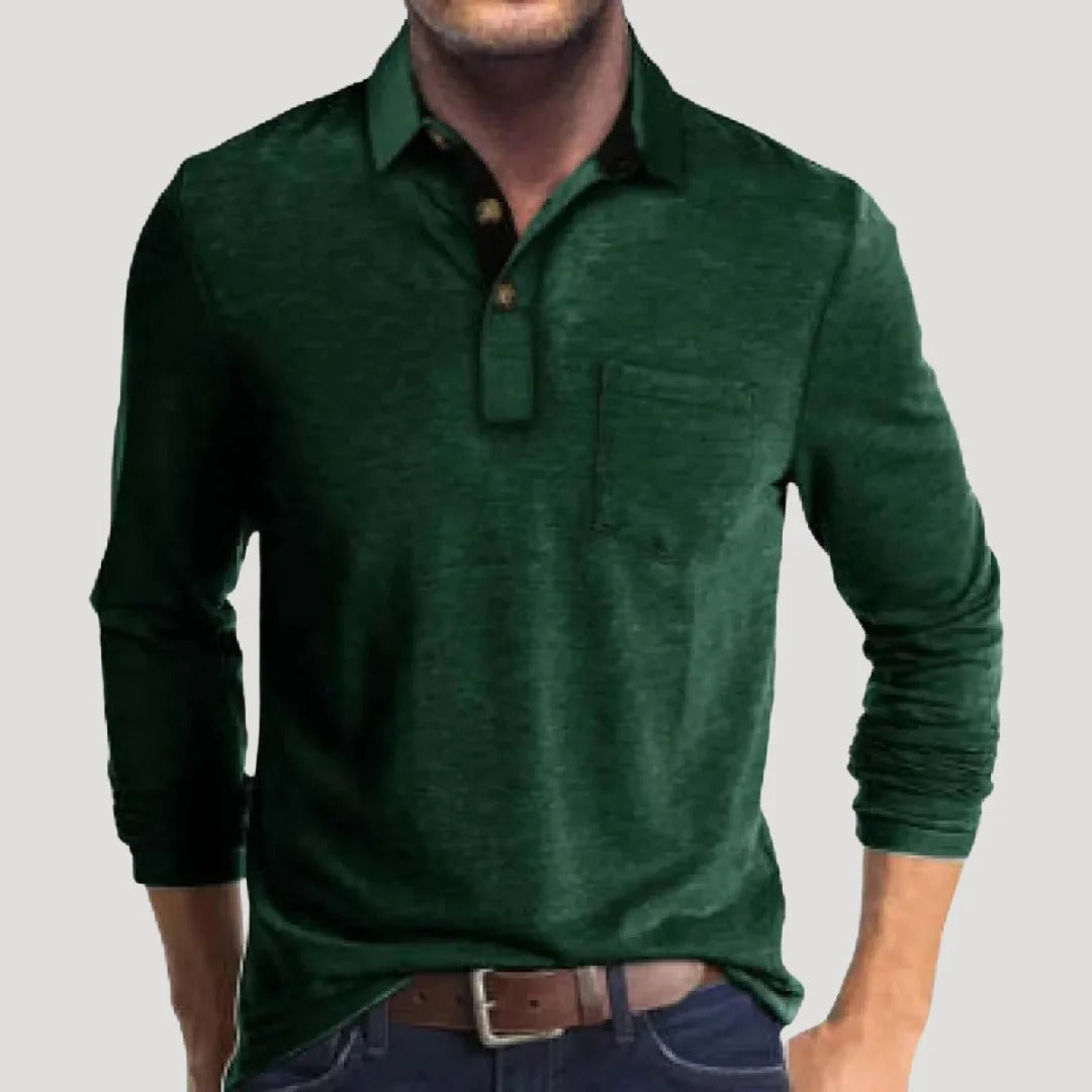Herr långärmad henley tröja med krage och knappar