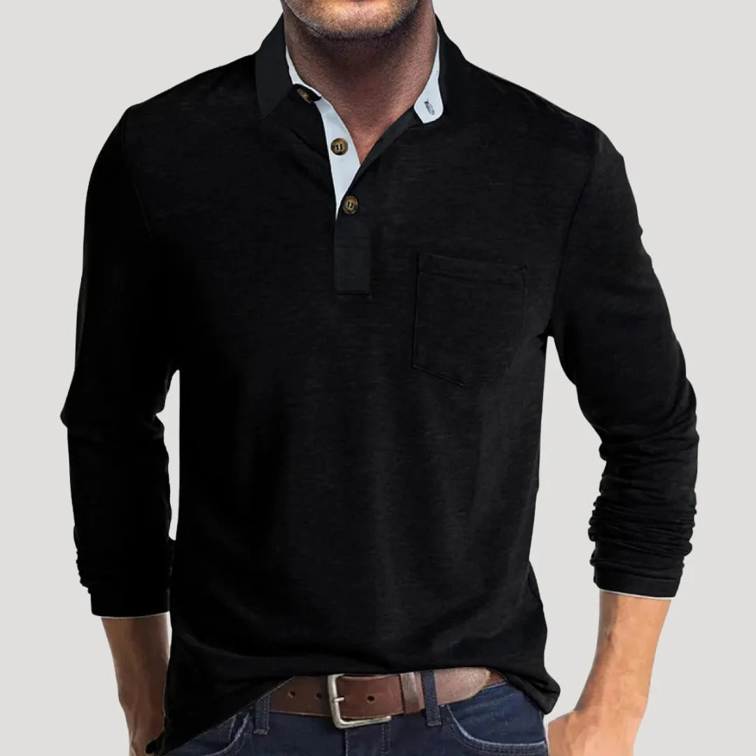 Herr långärmad henley tröja med krage och knappar