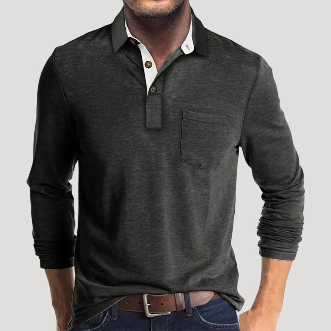 Herr långärmad henley tröja med krage och knappar