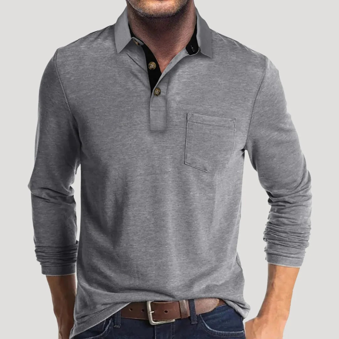 Herr långärmad henley tröja med krage och knappar