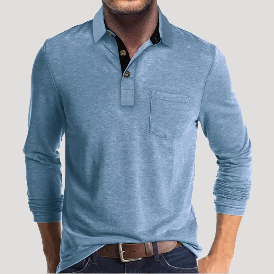 Herr långärmad henley tröja med krage och knappar