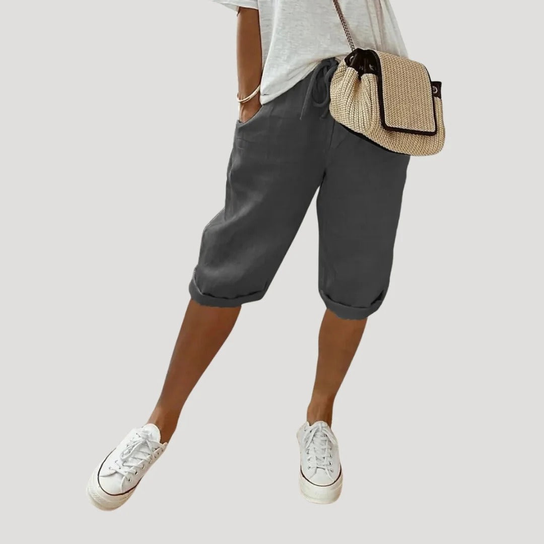 Dam linneshorts knälånga med dragsko