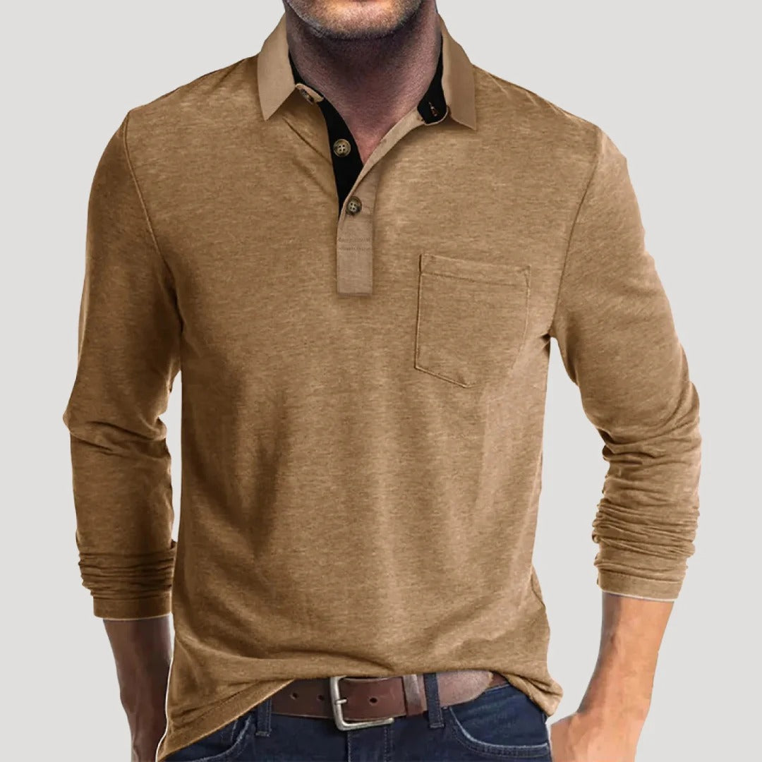 Herr långärmad henley tröja med krage och knappar