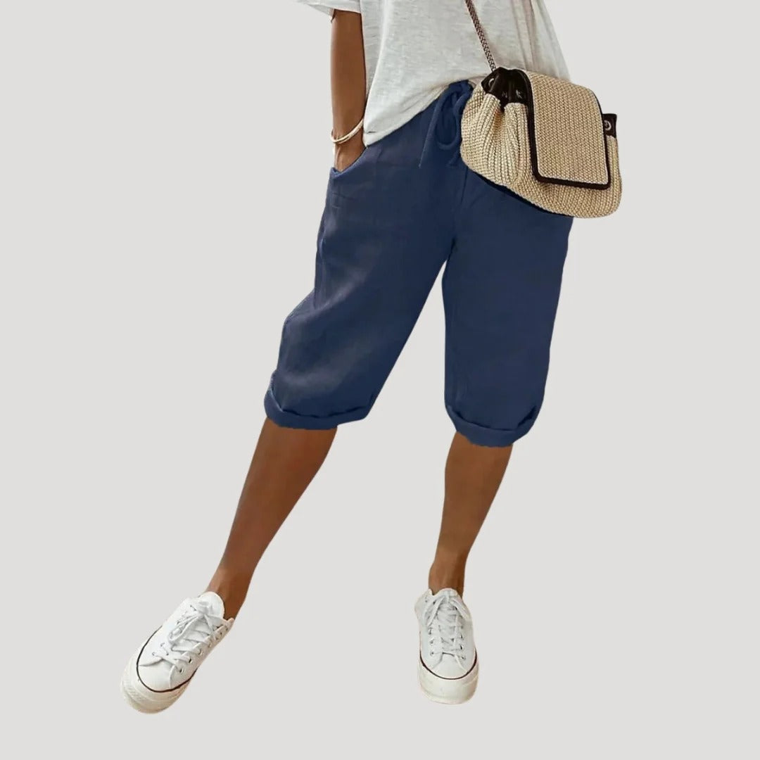 Dam linneshorts knälånga med dragsko