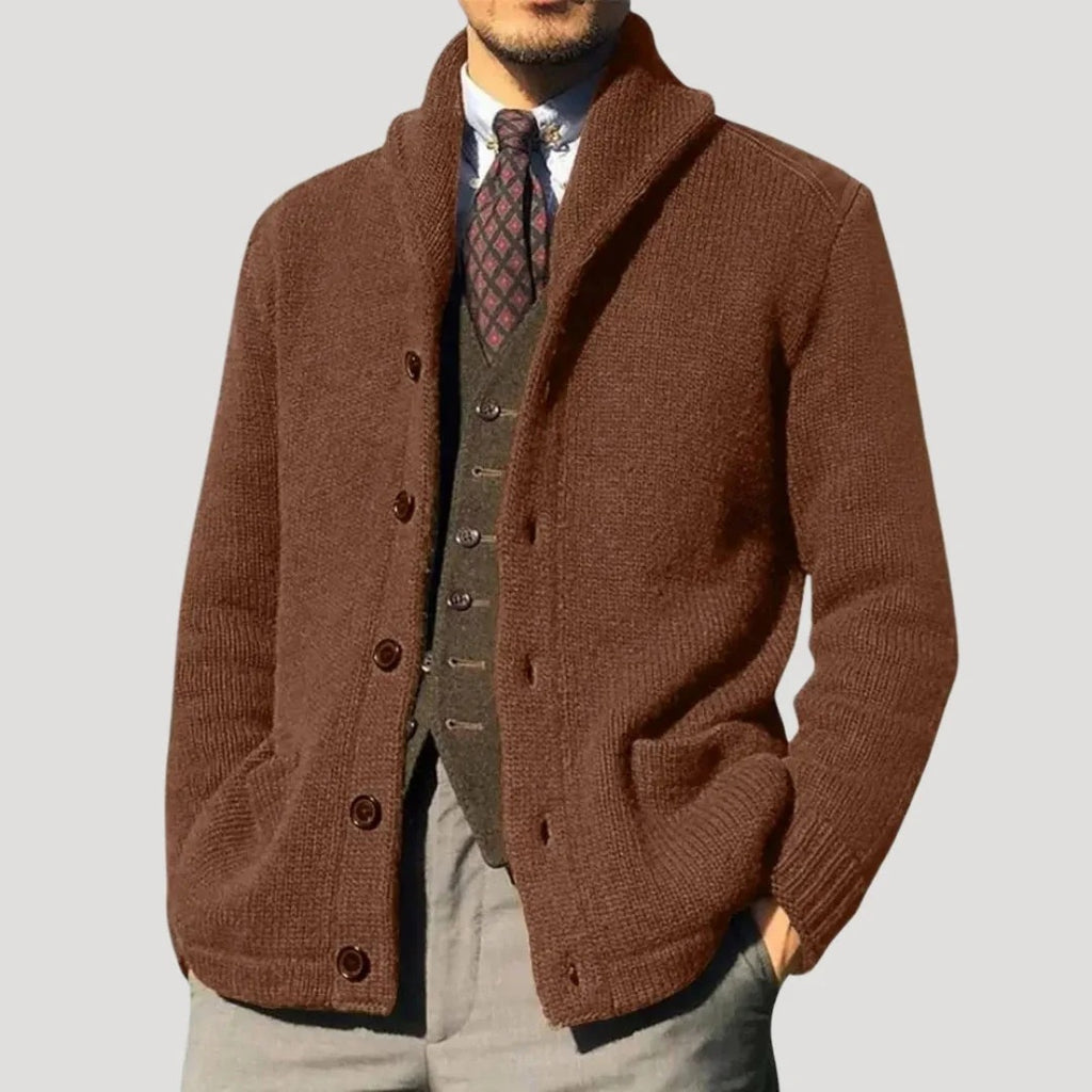 Herr stickad cardigan med sjalkrage