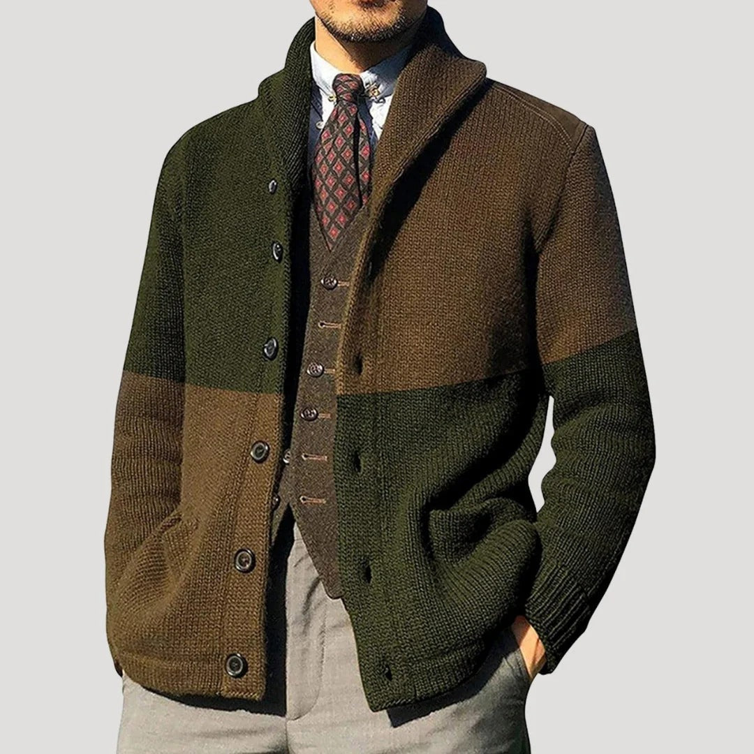 Herr stickad cardigan med sjalkrage