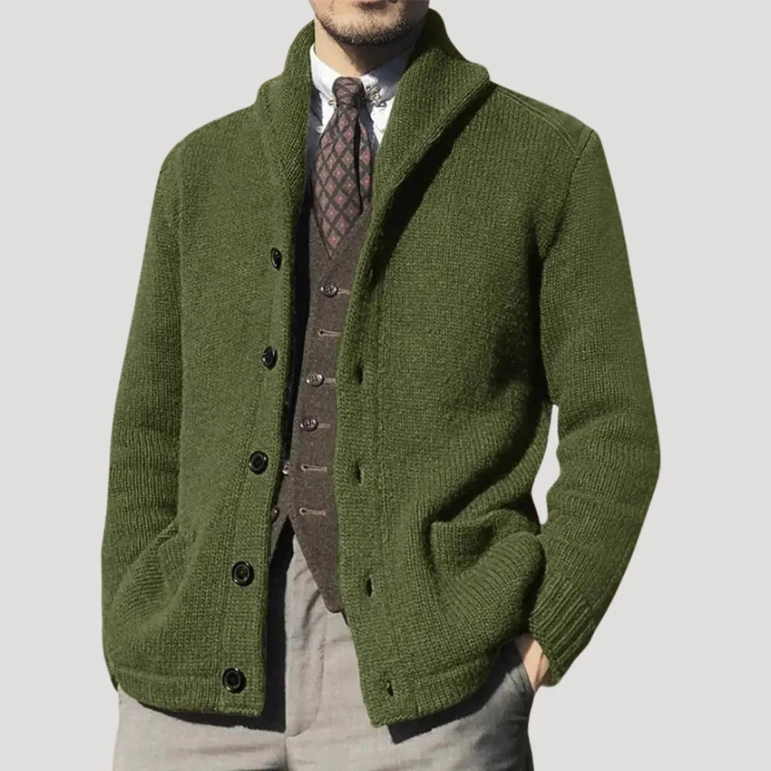 Herr stickad cardigan med sjalkrage