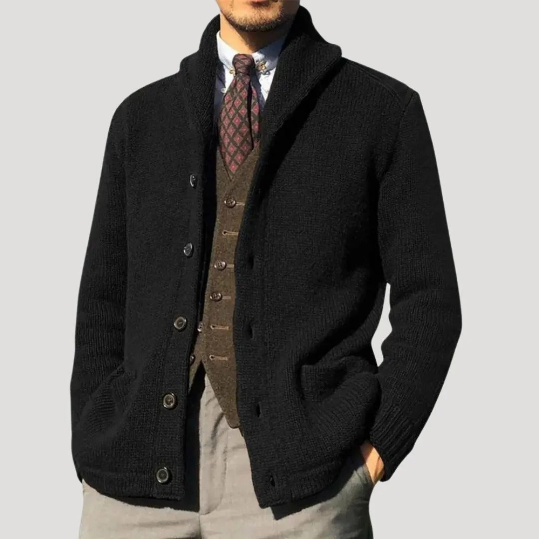 Herr stickad cardigan med sjalkrage