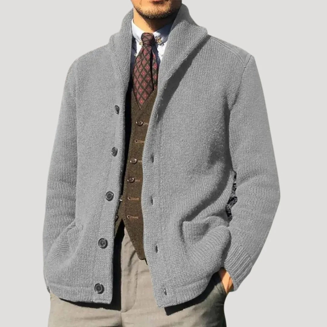 Herr stickad cardigan med sjalkrage
