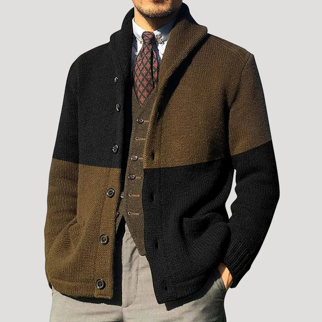 Herr stickad cardigan med sjalkrage