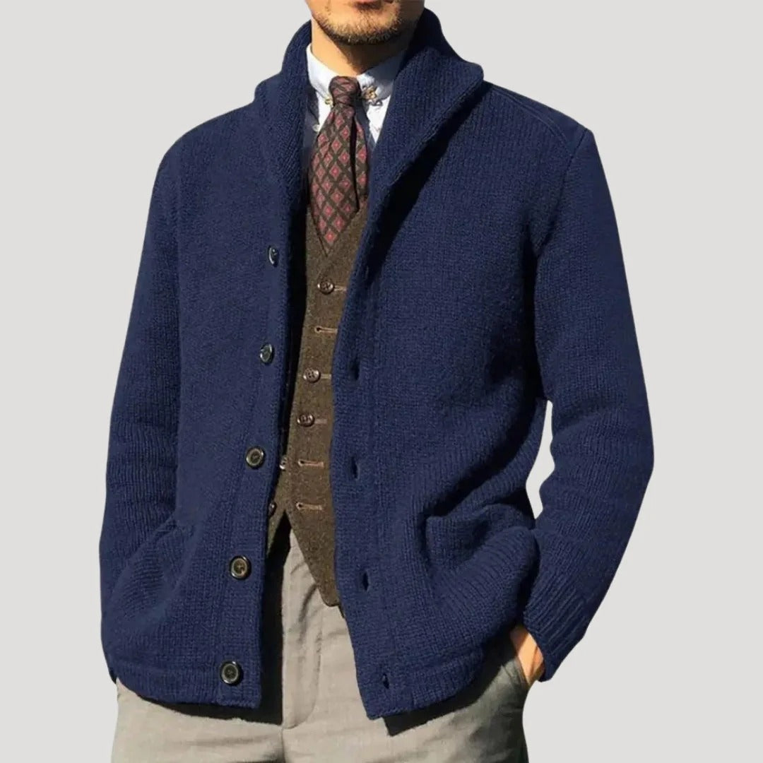 Herr stickad cardigan med sjalkrage