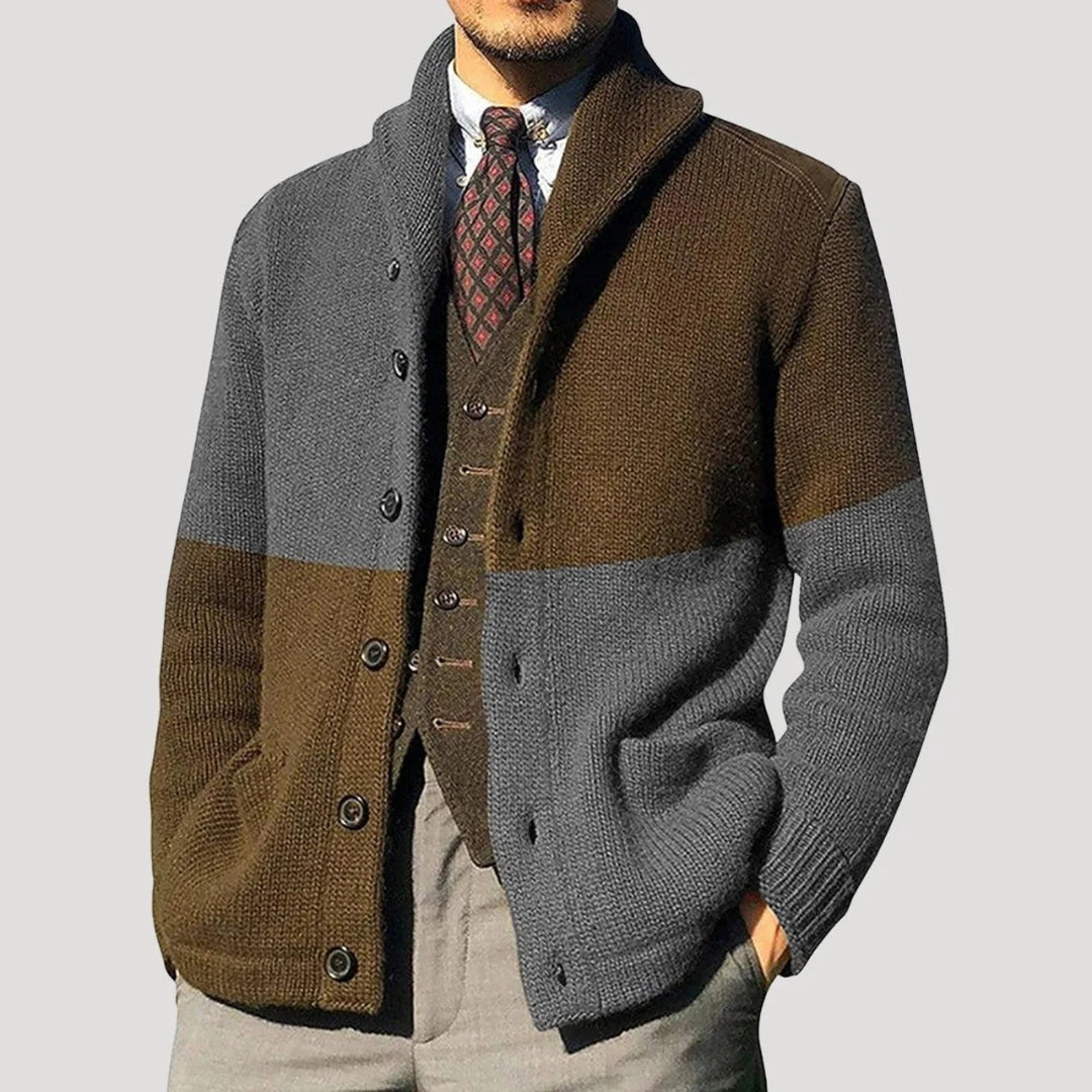 Herr stickad cardigan med sjalkrage