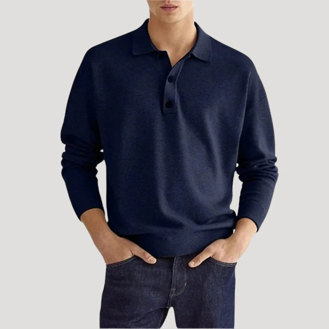 Herr stickad henley polotröja i bomull