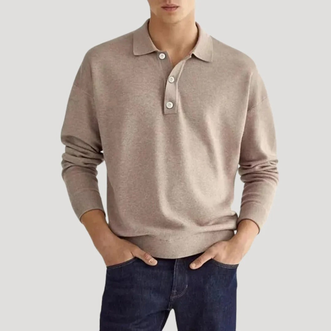 Herr stickad henley polotröja i bomull
