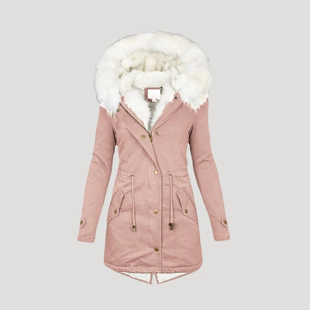 Dam lång vinterparka med faux päls och justerbar midja