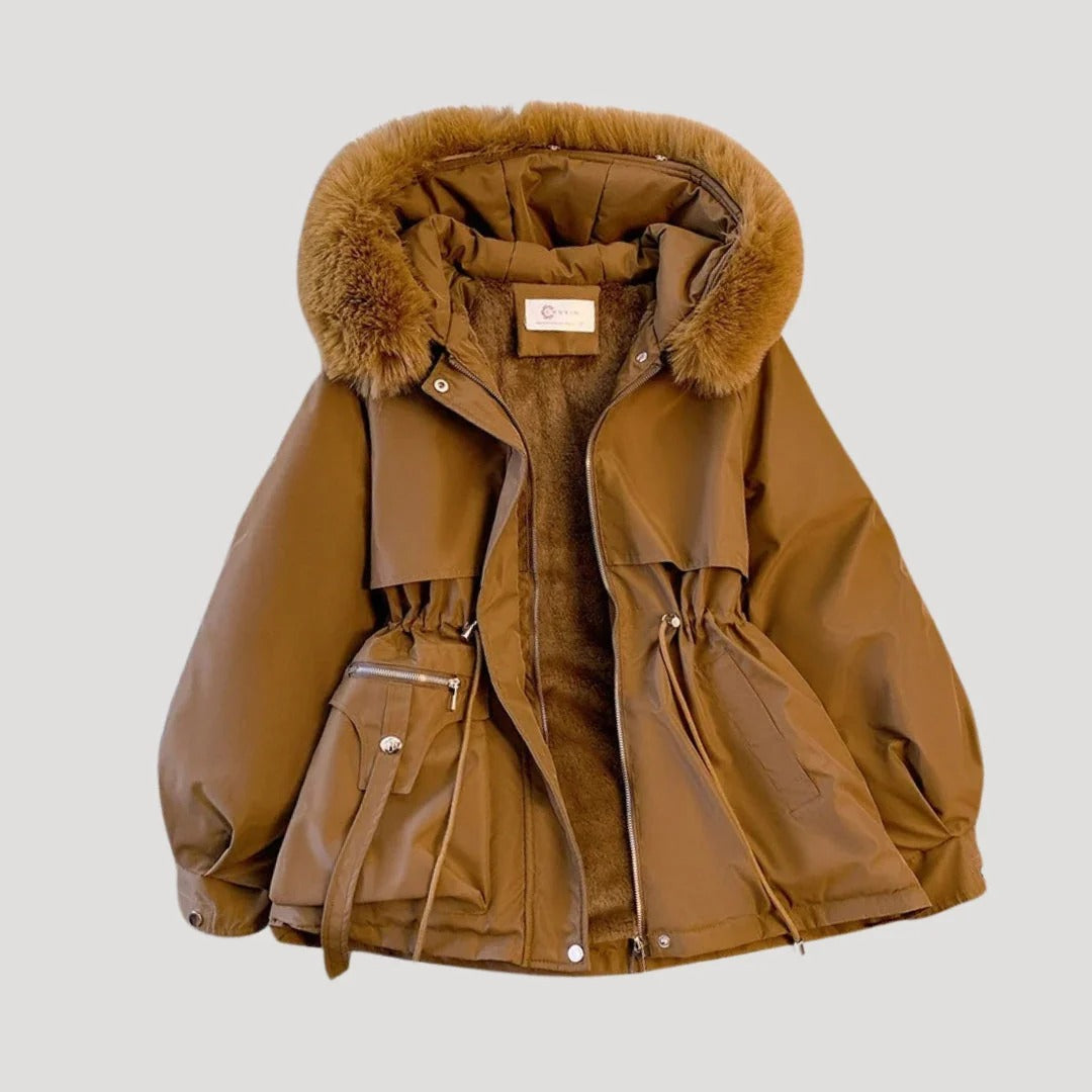 Dam vinterparka med faux päls och justerbar midja
