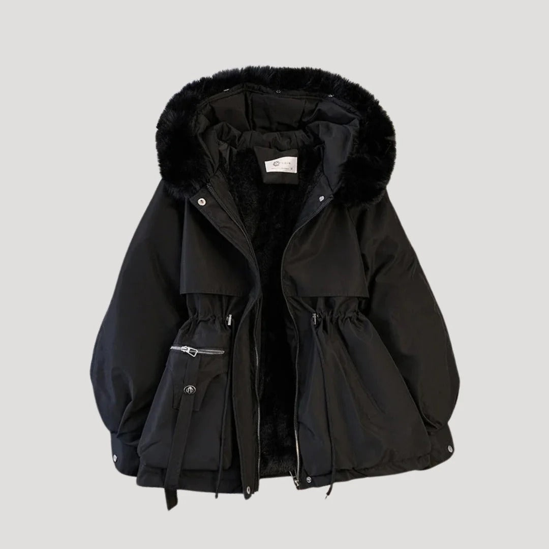 Dam vinterparka med faux päls och justerbar midja