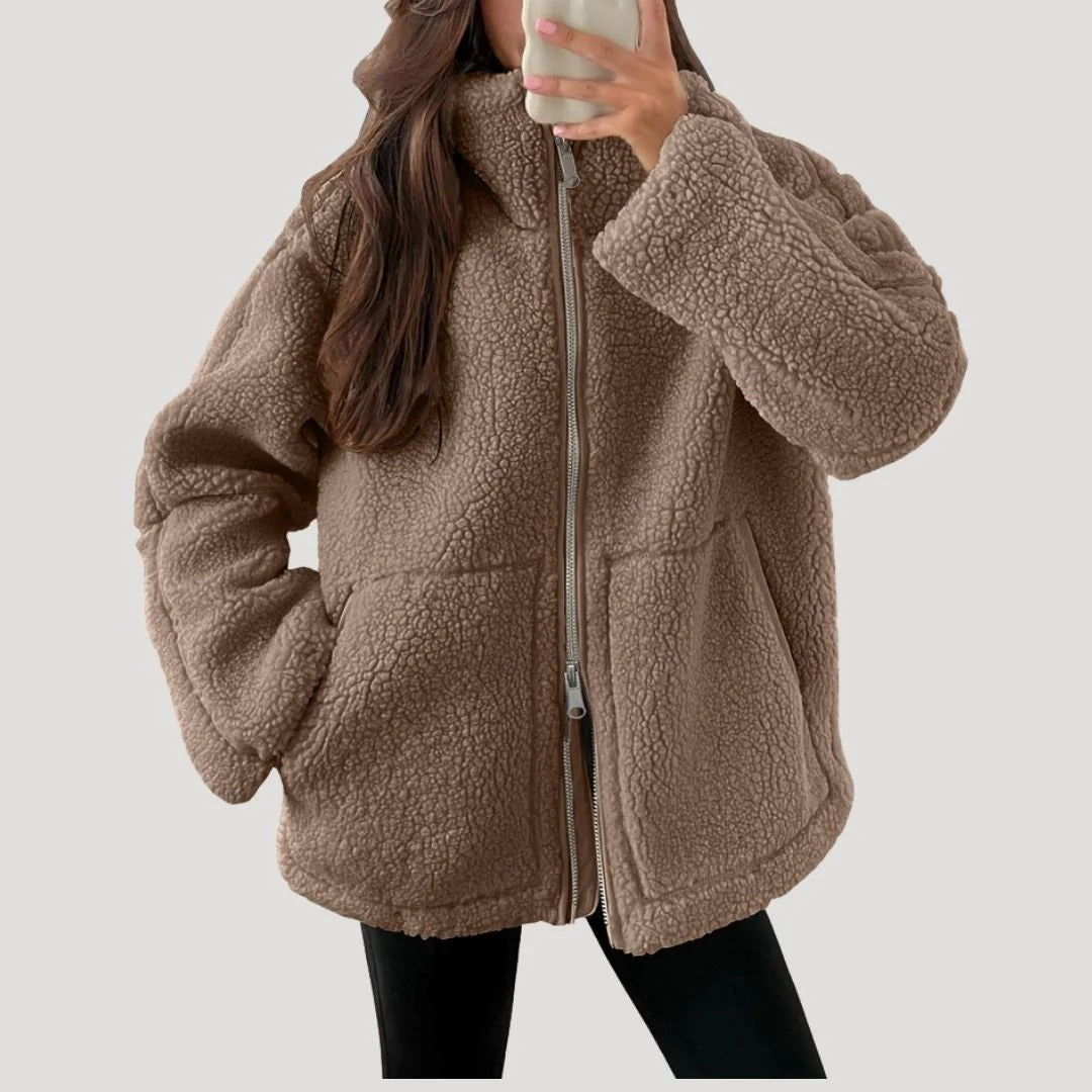 Dam teddyjacka i fleece med dragkedja