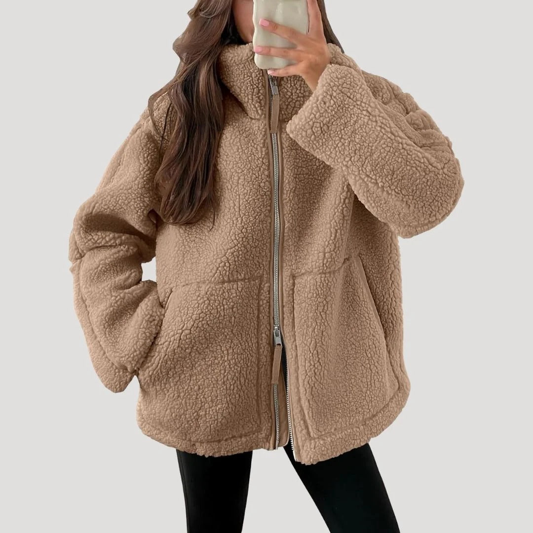 Dam teddyjacka i fleece med dragkedja