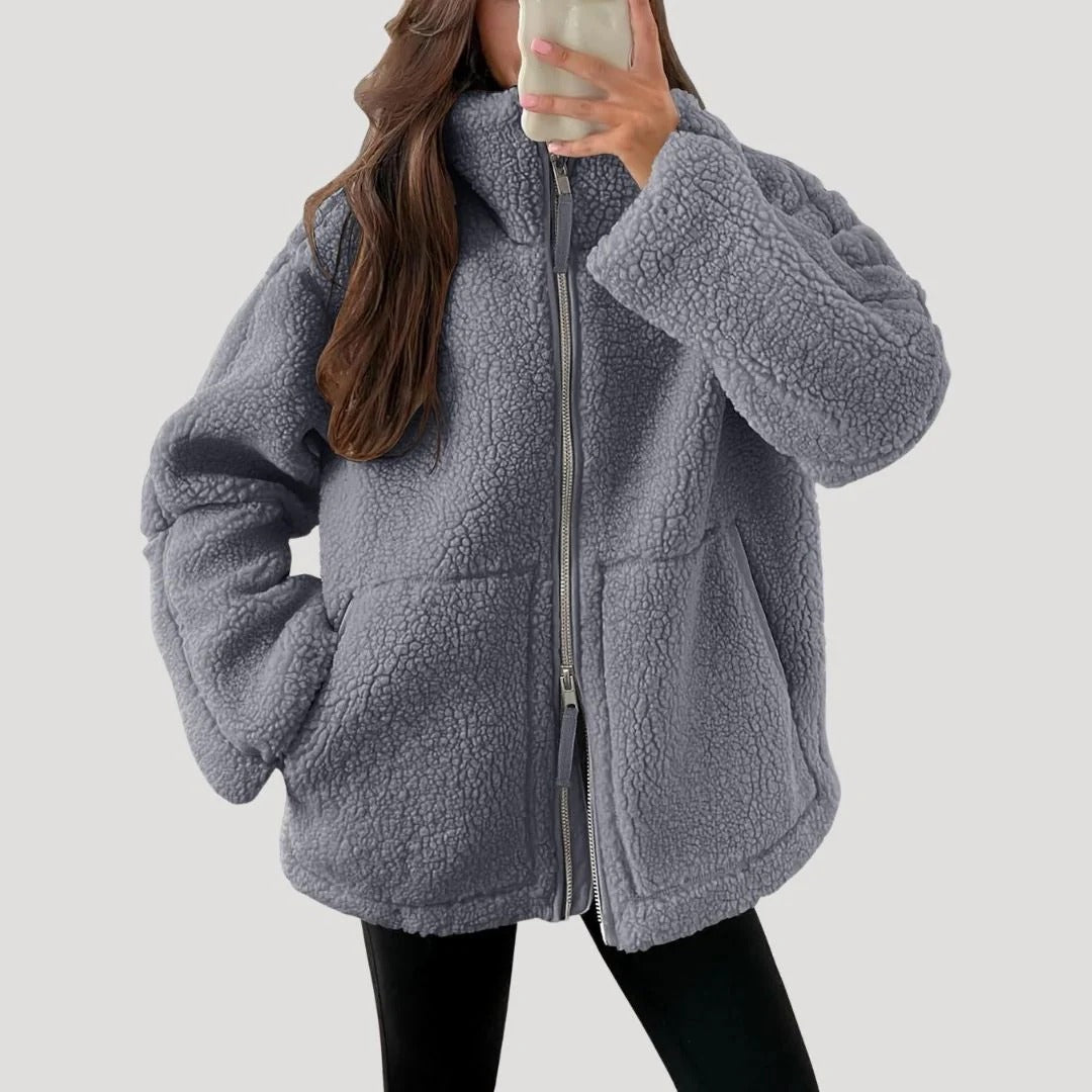 Dam teddyjacka i fleece med dragkedja