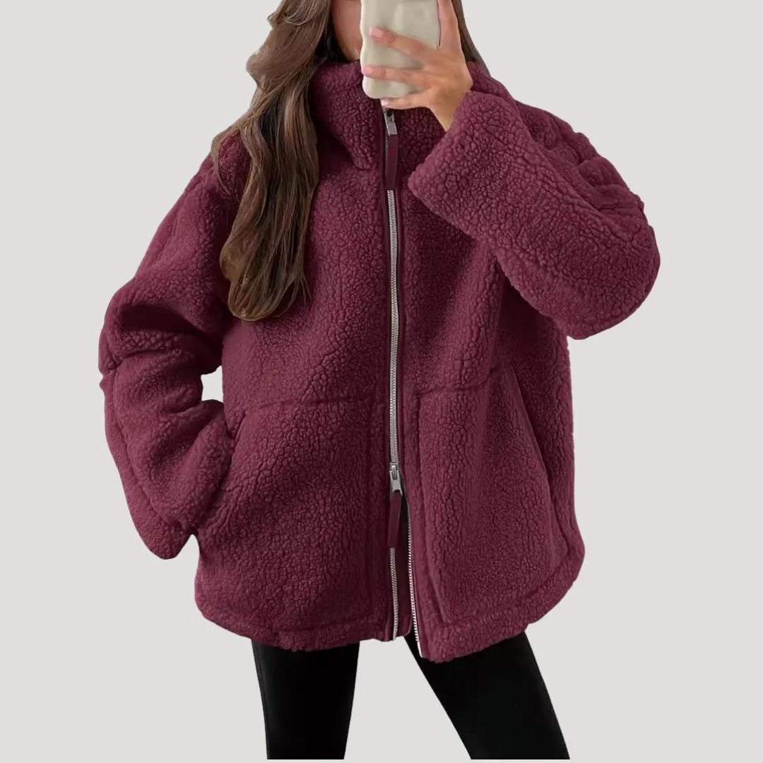 Dam teddyjacka i fleece med dragkedja