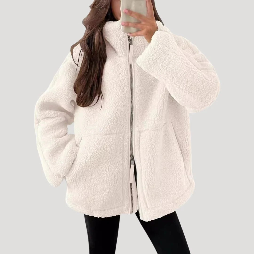 Dam teddyjacka i fleece med dragkedja