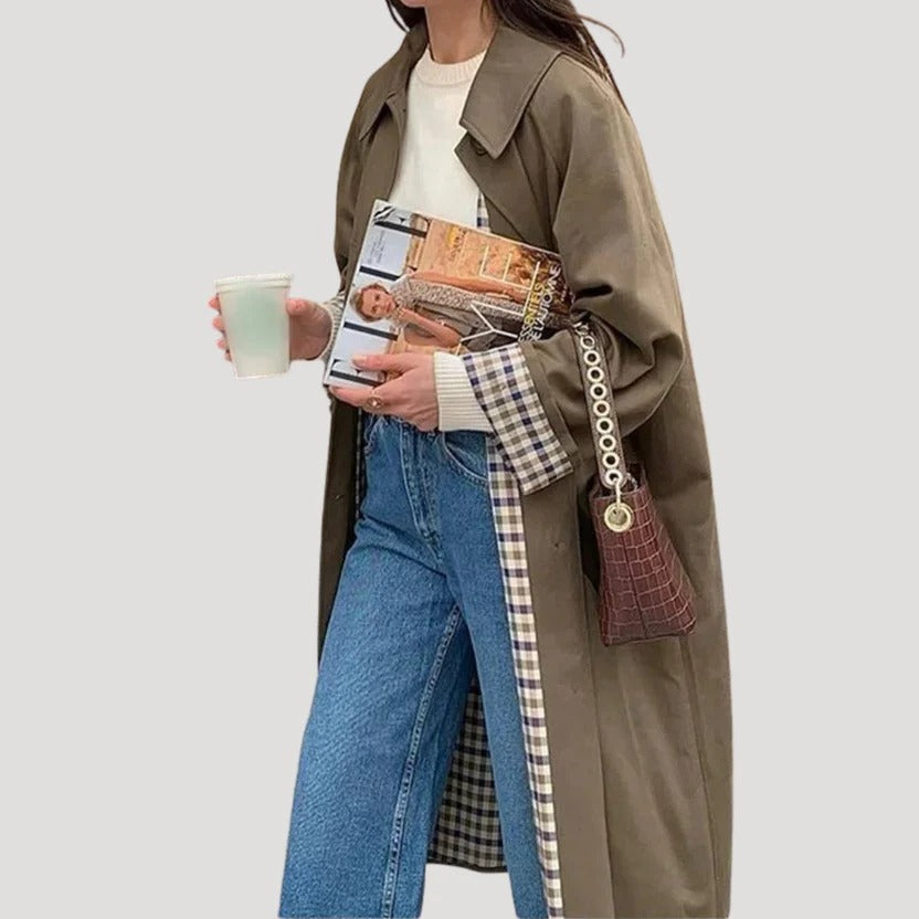 Dam lång trenchcoat med krage tunn modell