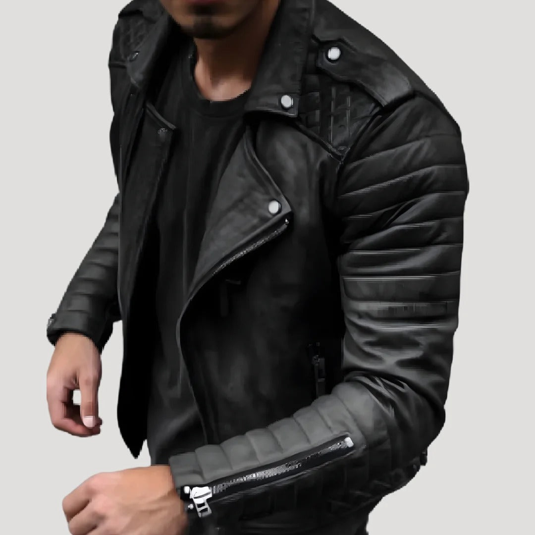 Herr skinnjacka i bikerstil med kort passform