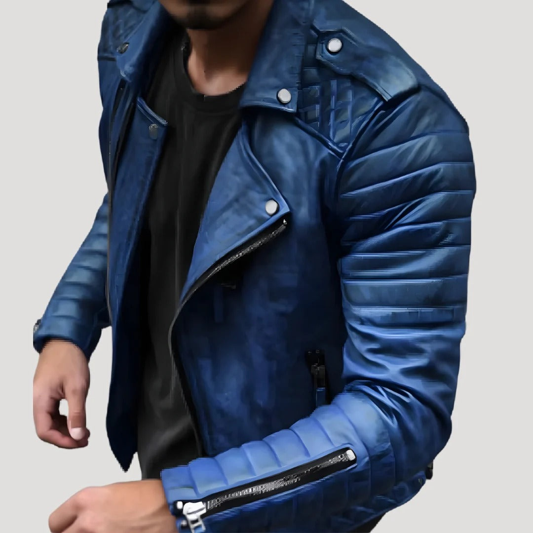 Herr skinnjacka i bikerstil med kort passform